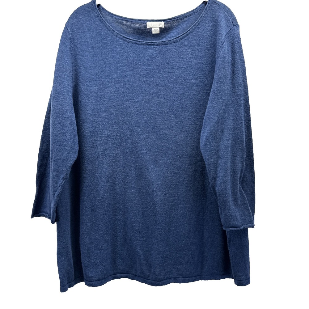 J Jill Women's Linen Blend Top Size Large Solid Blue Slubbed Pullover 3/4 Sleeve